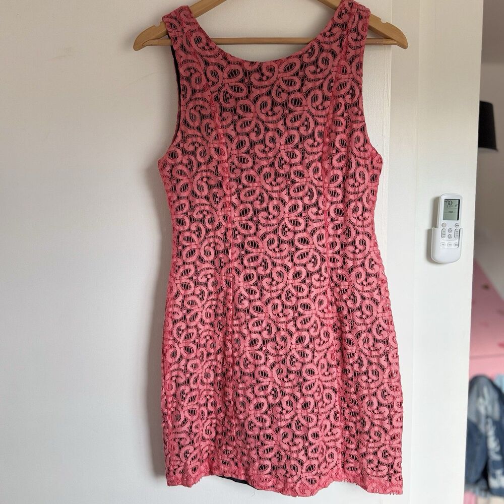 NEW Vintage Hearts Brand Pink Embroidered Overlay Navy Blue Lined Pleated Dress